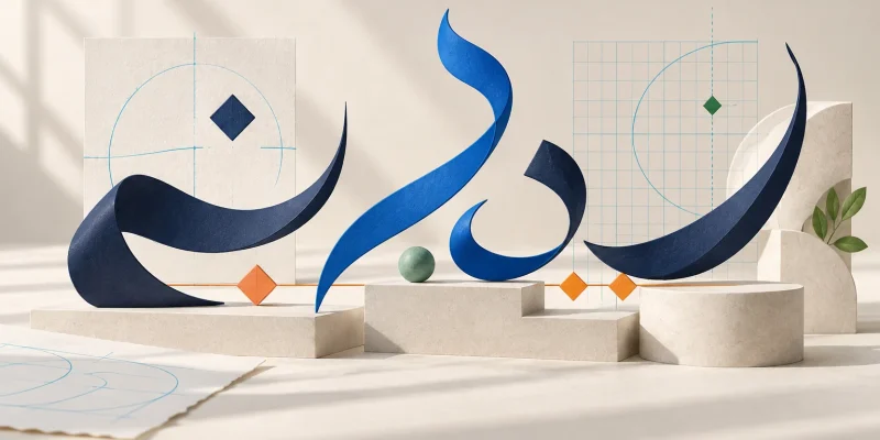 منحوتات مجردة مستوحاة من انحناءات الحروف العربية، بأوزان مختلفة وعلامات محاذاة زرقاء وبرتقالية