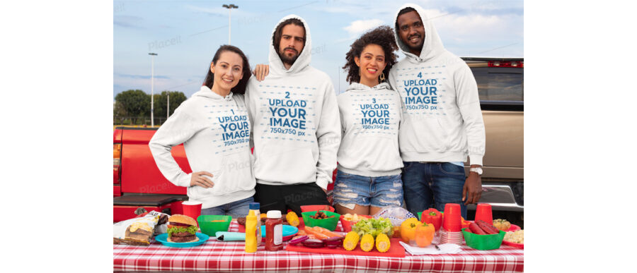 Group wearing Hoodies Mockup