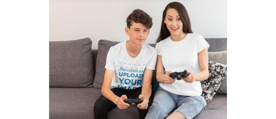 Gaming Kid and Mom wearing T-Shirts Mockup Generator