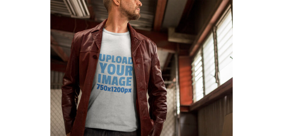 Man wearing T-Shirt and Leather Jacket Mockup Generator